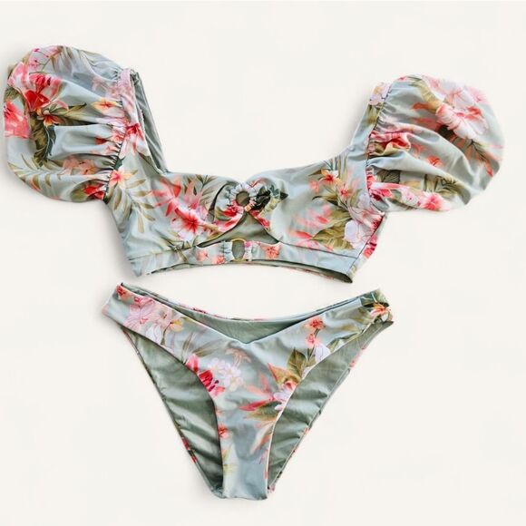 Altar'd State Floral Puff Sleeve Eyelet Detail Two Piece Bikini Swimsuit Set S - Picture 1 of 14
